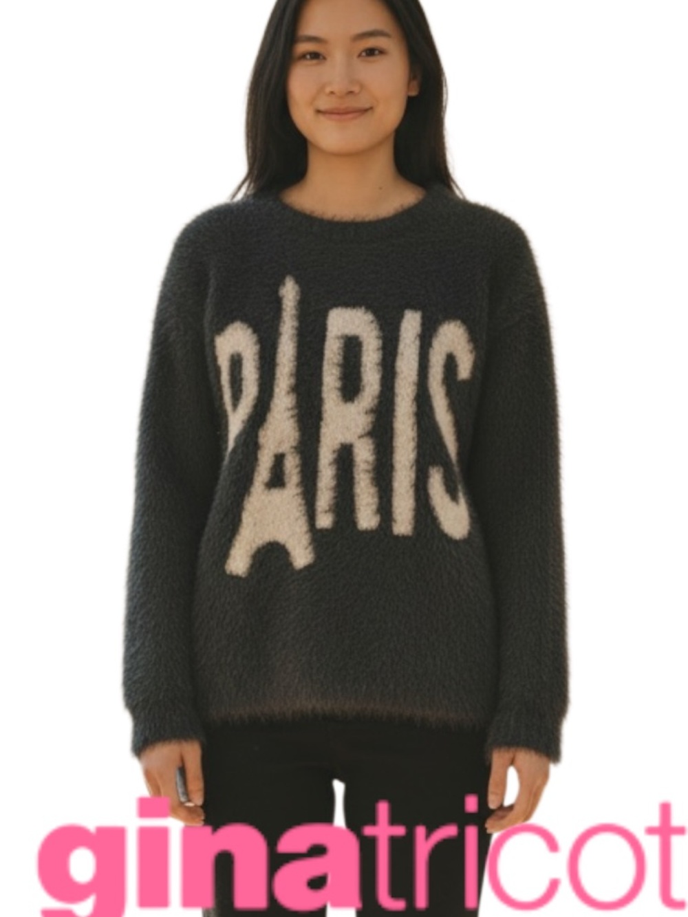Gina Tricot Black Paris Scoop Neck Eyelash Knit Sweater (S)